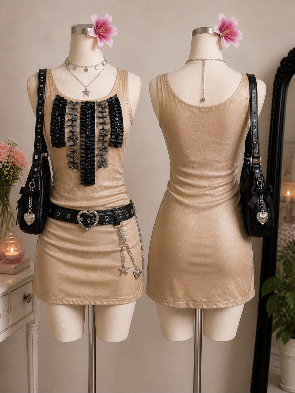 Twelve By Twelve Tan Black Satin Beaded Mini Dress Sleeveless Going Out Size M